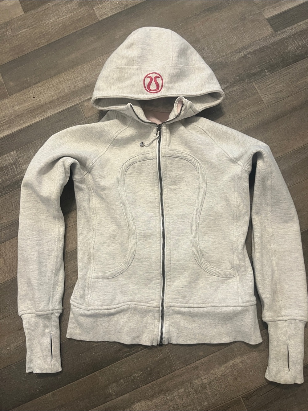 lululemon athletica Light Gray Full-Zip Hooded Sweatshirt with Pink Logo - Picture 1 of 8